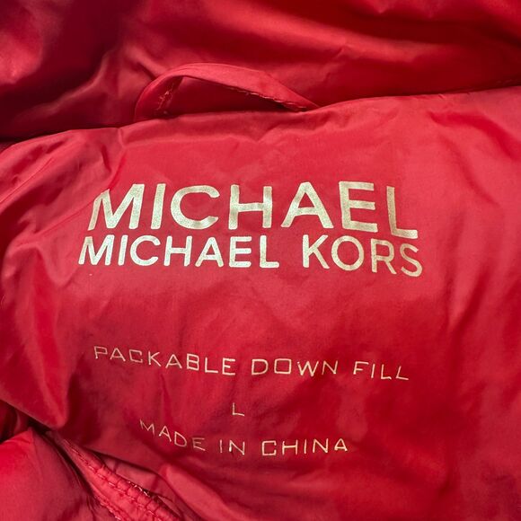 Michael Kors Packable Down Fill Jacket Size Large Red Hooded Full Zip Quilted - Picture 8 of 9